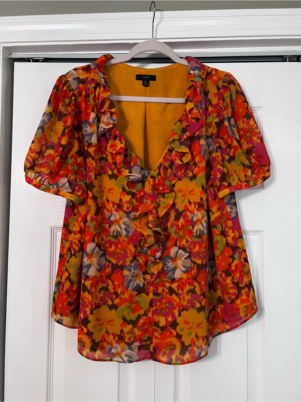 J. Crew Floral Ruffle V-Neck Blouse in Mustard, Red and Pink